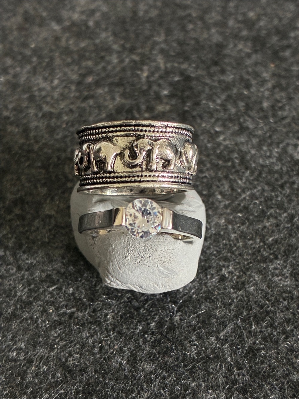 2 Rings, Size 6.5, Silver Elephant Band & Solitaire-Style Silver Ring, 006R